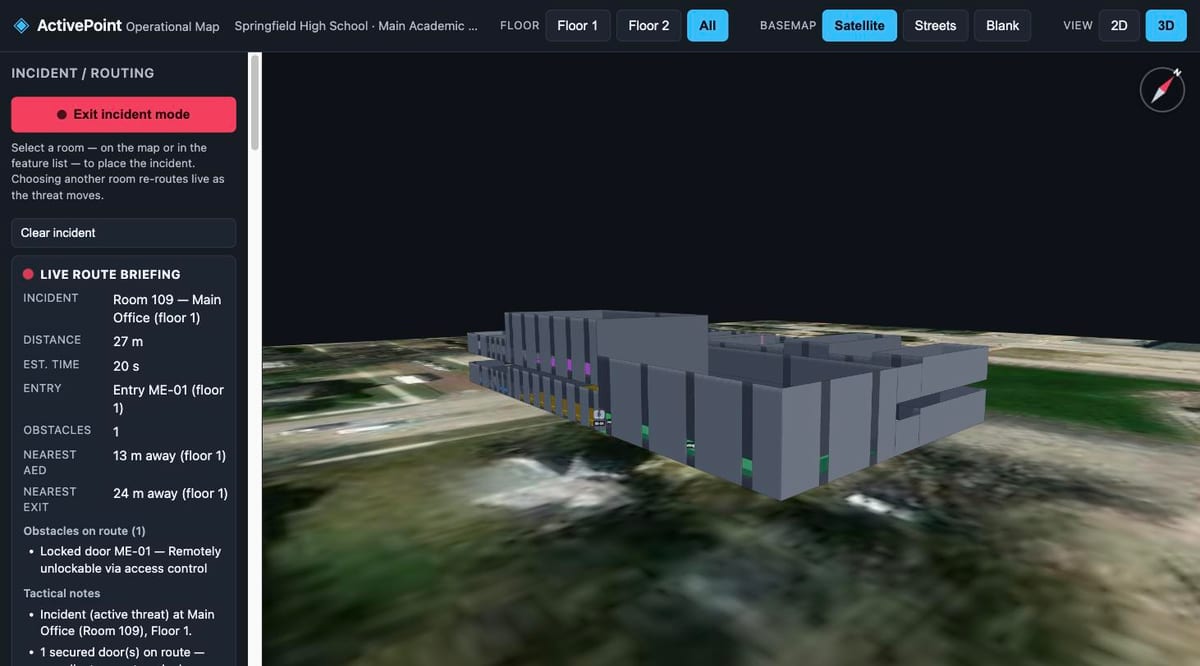 3D orbit view of a school building in ActivePoint with the incident response route overlaid on the model