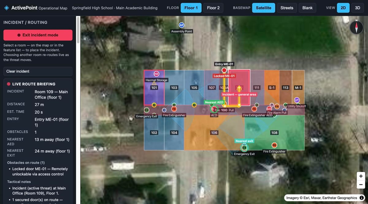 ActivePoint incident mode showing a live route briefing with distance, estimated time, obstacles, and nearest AED for an active threat