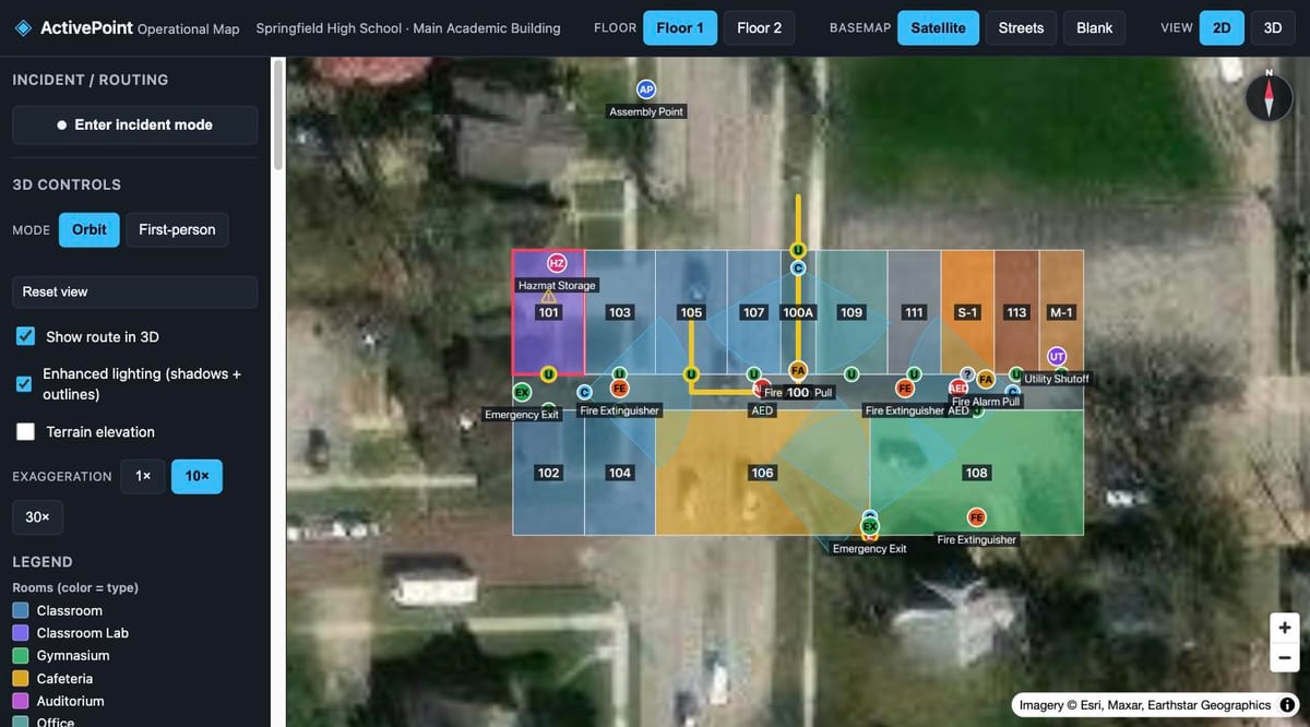 ActivePoint operational map of a school building showing color-coded rooms, safety assets, camera coverage wedges, and live door states